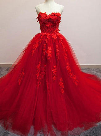 Charming Red Sweetheart Strapless Ball Gown Applique Tulle Long Prom Dress INE82