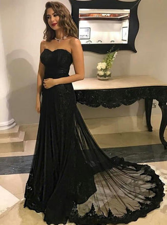 Sweetheart Black Tulle Lace Long Prom Dresses For Teens,Graduation Party Dresses IN884