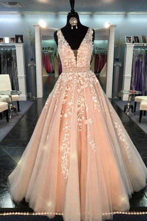 Ball Gown Lace Tulle V-neck Long A-line Quinceanera Dresses Prom Dresses K694