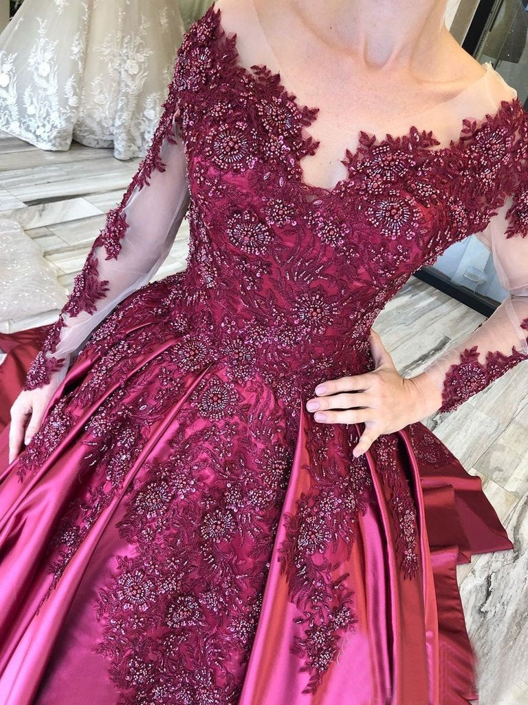 Long Sleeves Lace Appliques Burgundy Court Train Ball Gown Prom Dress INS8