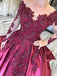Long Sleeves Lace Appliques Burgundy Court Train Ball Gown Prom Dress INS8