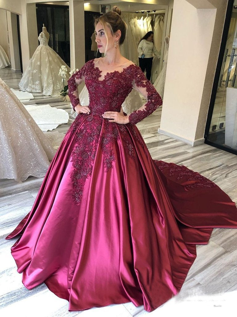 Long Sleeves Lace Appliques Burgundy Court Train Ball Gown Prom Dress INS8