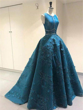 Unique Applique Formal A Line Blue Long Cheap Prom Dresses INF96