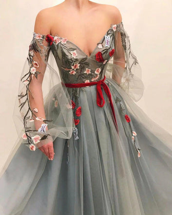 Fashion Off the Shoulder Long Sleeves A Line Tulle Long Prom Dress with 3D Flowers INDP7