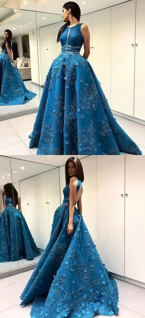 Unique Applique Formal A Line Blue Long Cheap Prom Dresses INF96