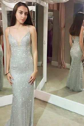 Shiny Mermaid Spaghetti Sheath Silver Long Sexy Prom Dresses ING35