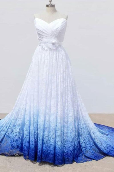 White and Blue Sweetheart Lace Wedding Dress Ombre Wedding Dresses with Flowers OKQ69 indresses
