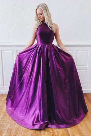 Cheap Purple Backless Long Prom Dresses With Pockets INK51