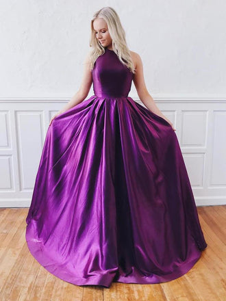 Cheap Purple Backless Long Prom Dresses With Pockets INK51