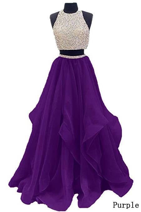Two Piece Floor Length Burgundy Prom Dress Beaded Open Back Evening Gown IN603
