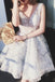 A Line V neck Lace Sleeveless Tulle Short Ball Gowns Light Grey Short Homecoming Dress IN204