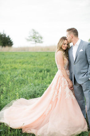 Blush Pink Long Tulle Appliques Wedding Dress With Cathedral Train,Prom Dresses IN904