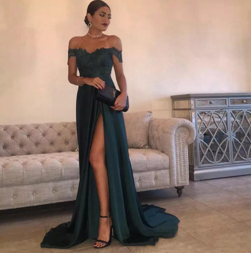 A Line Dark Green Chiffon High Split Prom Dress,Sexy Lace Top Party Gown IN842