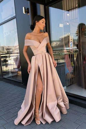 Elegant Off the Shoulder Party Gown Satin Sexy Prom Dress High Slit INK4