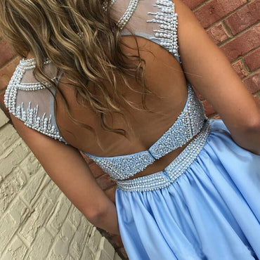 Cute Sparkly Beads Short Blue Open Back Homecoming Dress with Pockets IN438