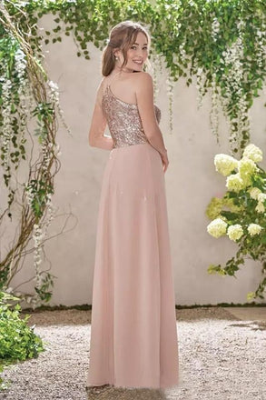 Rose Gold A Line Backless Bridesmaid Dresses,Sequins Chiffon Cheap Beach Bridesmaid Dress INI11