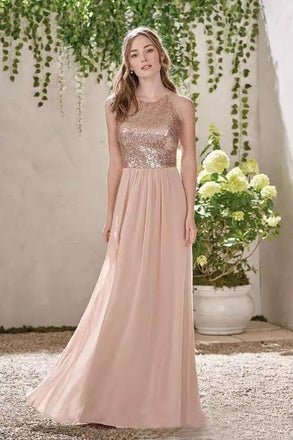 Rose Gold A Line Backless Bridesmaid Dresses,Sequins Chiffon Cheap Beach Bridesmaid Dress INI11