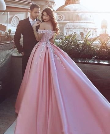 Pink Off the Shoulder Ball Gown Lace Appliques Satin Prom Dress IN903