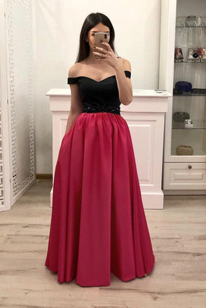 Hot Pink Satin Long Prom Gown With Pockets, Simple Beaded Evening Dresses With Black Top INI14