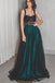 A Line Long Dark Green Black Straps Prom Dresses, Cheap Evening Gown INH71