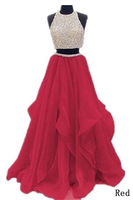 Two Piece Floor Length Burgundy Prom Dress Beaded Open Back Evening Gown IN603