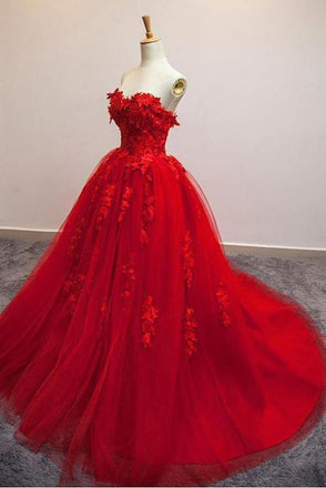 Charming Red Sweetheart Strapless Ball Gown Applique Tulle Long Prom Dress INE82