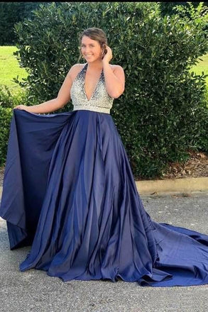 Halter Navy Blue Long Prom Dresses Beaded Backless Evening Dresses INI25