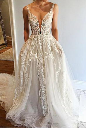 Off White Long A Line V Neck Tulle Prom Dresses With Pockets INB48