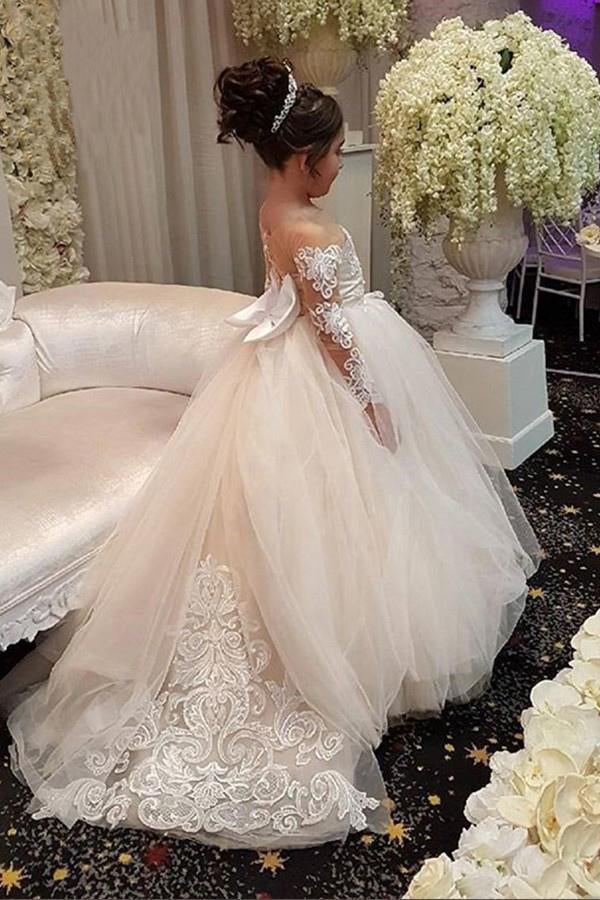 Princess Ball Gown Long Sleeves Tulle Long Flower Girl Dress with Lace Appliques INB98
