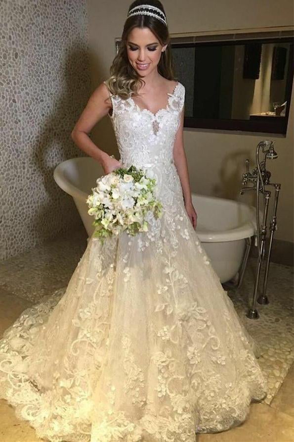 Elegant Tulle V-neck Sweep Train A-line Lace Long Wedding Dresses IND16