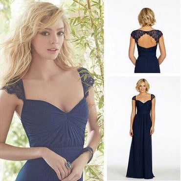 Navy Blue Long Open Back Cap Sleeve Sexy Chiffon Bridesmaid Dresses IN189