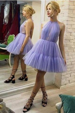 Halter Lavender A-Line Tulle Short Unique Homecoming Dresses IND84