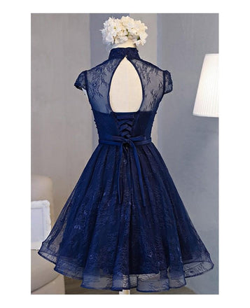 Retro A-line High Neck Short Sleeve Knee-length Navy Blue Lace Homecoming Dress IN507