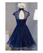 Retro A-line High Neck Short Sleeve Knee-length Navy Blue Lace Homecoming Dress IN507