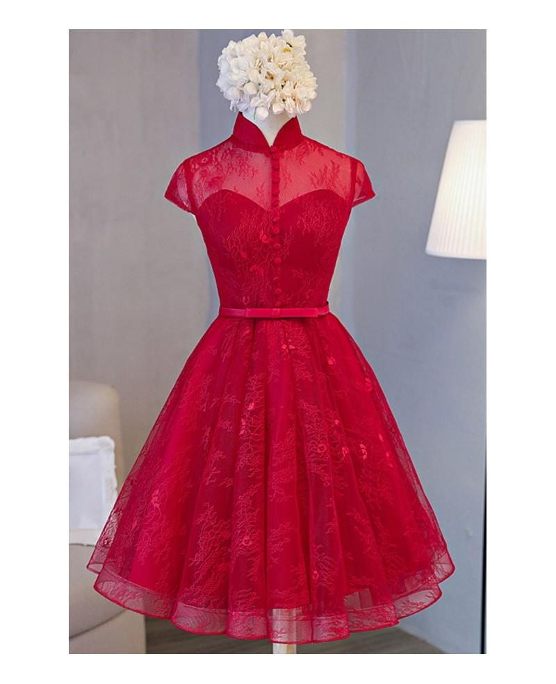 Retro A-line High Neck Short Sleeve Knee-length Navy Blue Lace Homecoming Dress IN507