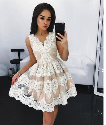 Off White Lace Short Prom Dress, Cute A Line Homecoming Dresses IND97