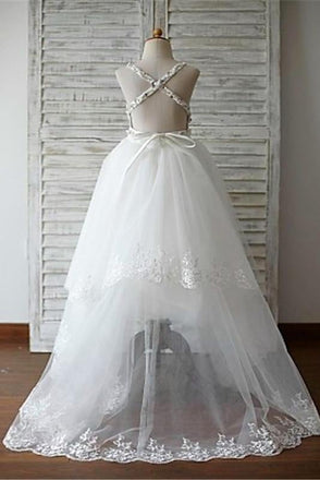 A-line/Princess Spaghetti Straps Sleeveless Beading Organza Flower Girl Dresses With Lace IN721