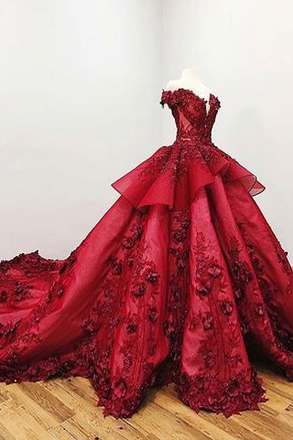 Charming Red Ball Appliques Gown Prom Dress With Beads, Quinceanera Dresses INF37