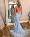 Blue Lace Applique Mermaid Sexy Cheap Long Prom Dress INE39