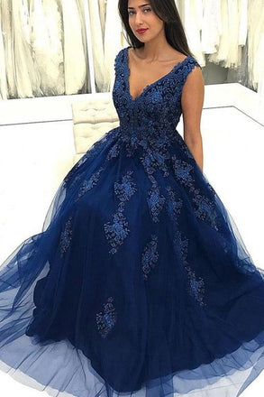 Charming V Neck Navy Blue Lace Appliques Long Prom Dresses, Elegant Evening Dresses ING7