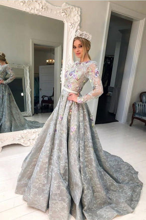 Long Sleeve Grey Lace A Line Long Evening Prom Dress for Teens ING90