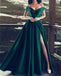 Elegant V-neck Off The Shoulder Long Satin Prom Dresses With Slit INE43