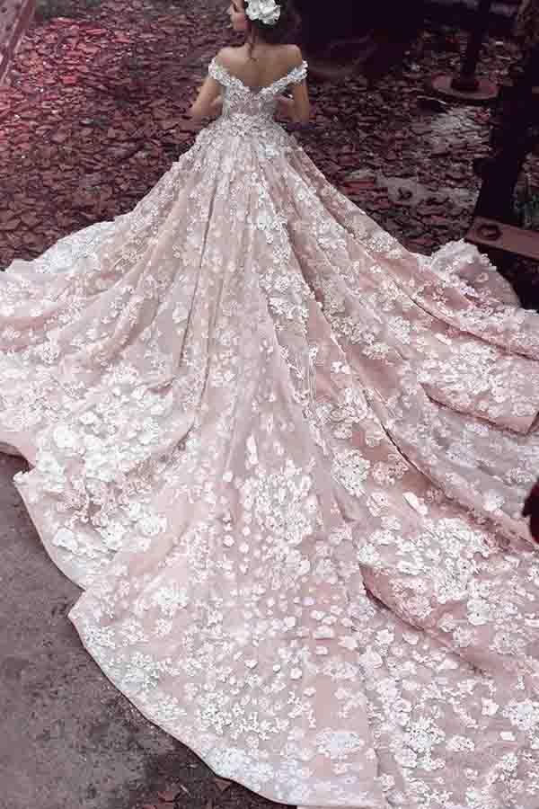 Luxurious Off Shoulder Watteau Train Formal Lace Dramatic Blush Wedding Dresses IN549
