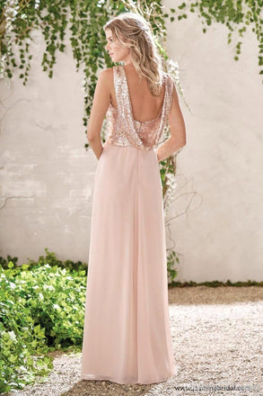 Rose Gold A Line Spaghetti Straps Prom Gown Backless Sequins Chiffon Bridesmaid Dress INI10
