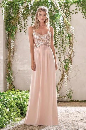 Rose Gold A Line Spaghetti Straps Prom Gown Backless Sequins Chiffon Bridesmaid Dress INI10