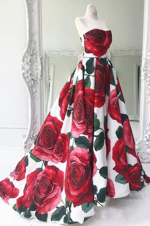 Rose Red Floral Long Prom Dresses with Pockets Strapless Evening Gown INI64