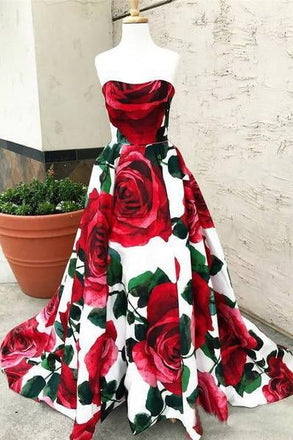 Rose Red Floral Long Prom Dresses with Pockets Strapless Evening Gown INI64