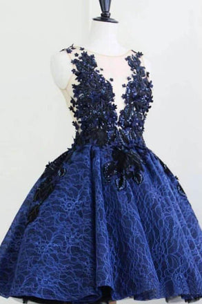 Royal Blue Lace Sheer Neck Short Prom Dresses, Charming Homecoming Dress INO5