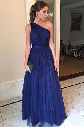 Royal Blue Tulle Long Prom Dresses One Shoulder Simple Bridesmaid Dress IN8