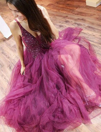 A Line Purple Tulle Beading Long Prom Dresses with Appliques INH93